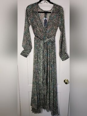 SPY ZONE EXCHANGE Black Floral Chiffon Sheer V-Neck Maxi Dress Long Sleeve S